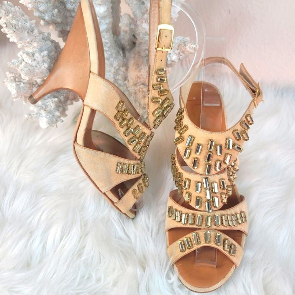GIUSEPPE ZANOTTI Tan Leather Strappy Sandals w Crystal Embellished Italian 7.5 - Picture 5 of 16